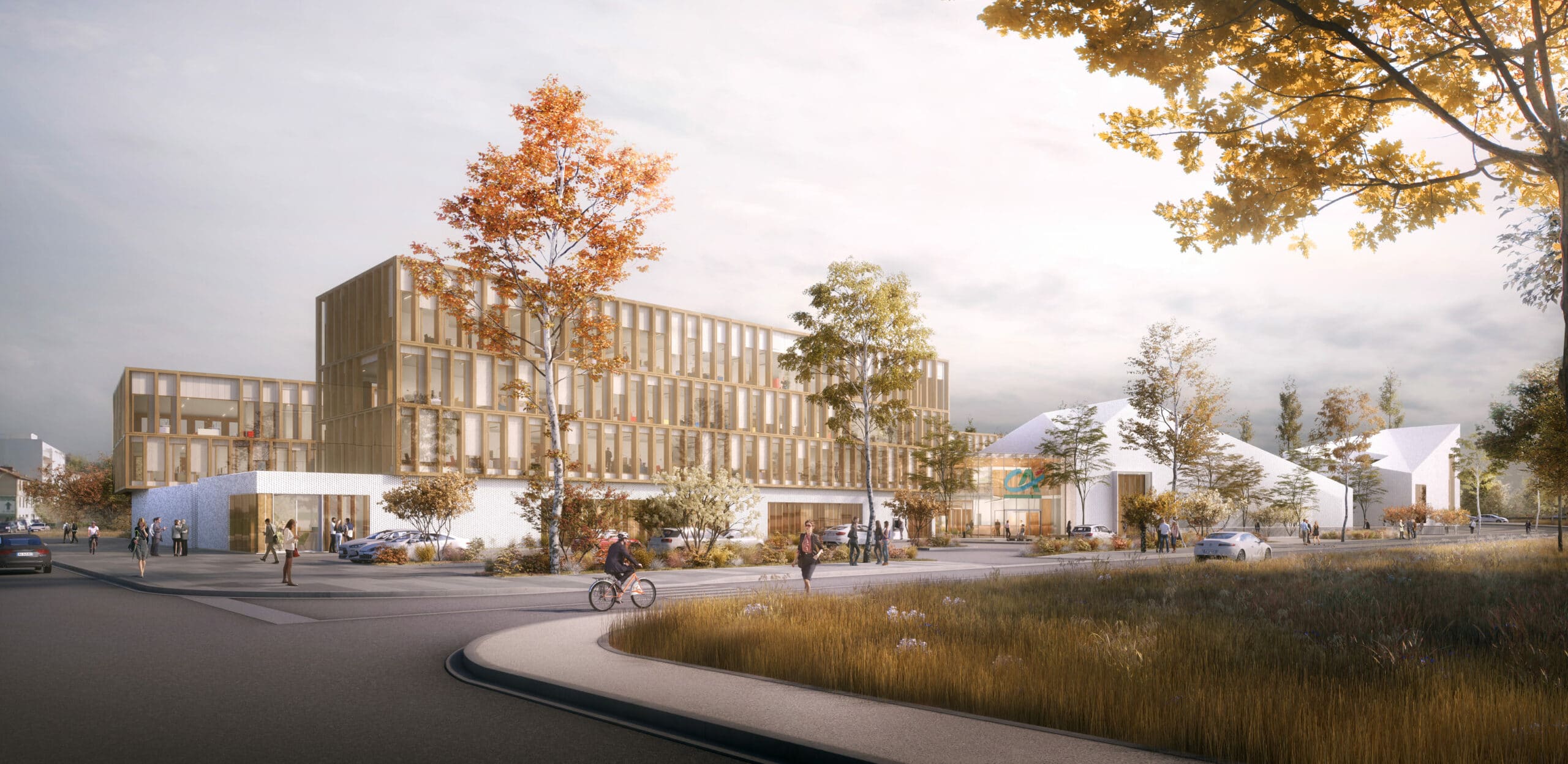 Bâtiment bois entouré d'arbres d'automne baigné de lumière chaude, projet Les Casseaux conçu par Atelier Quatre